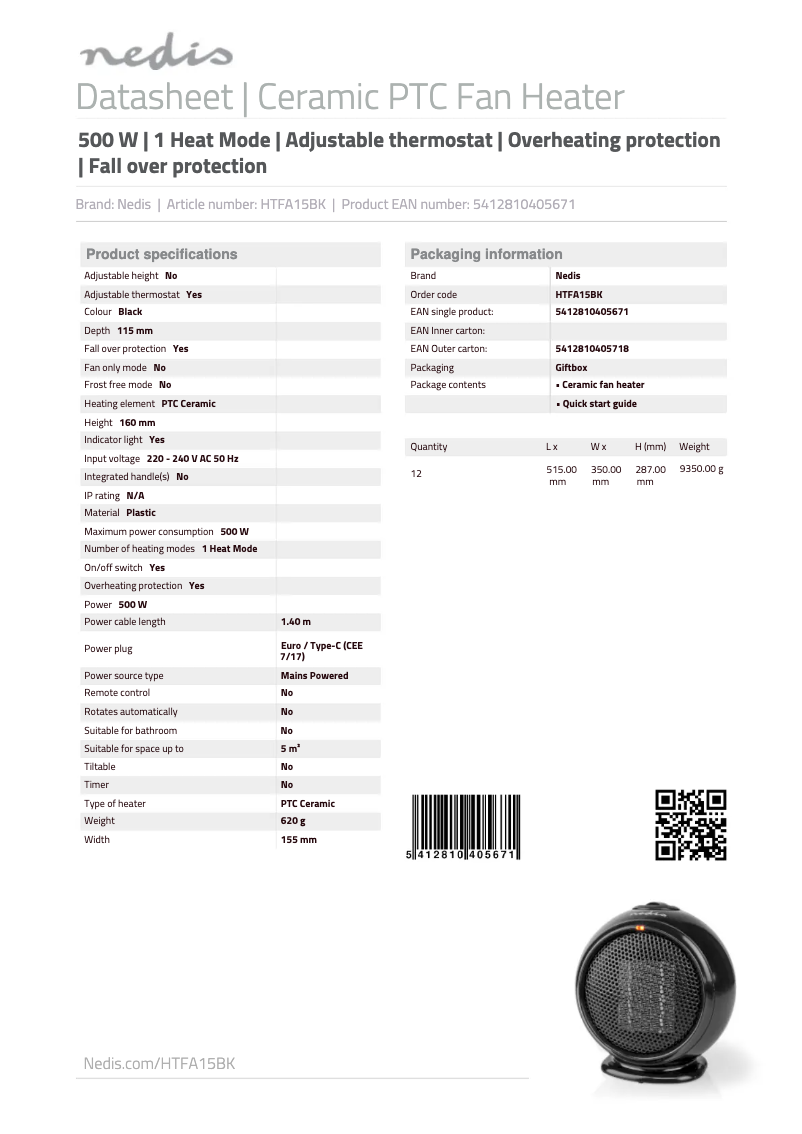 Page 1 de la notice Manuel utilisateur Nedis HTFA15BK