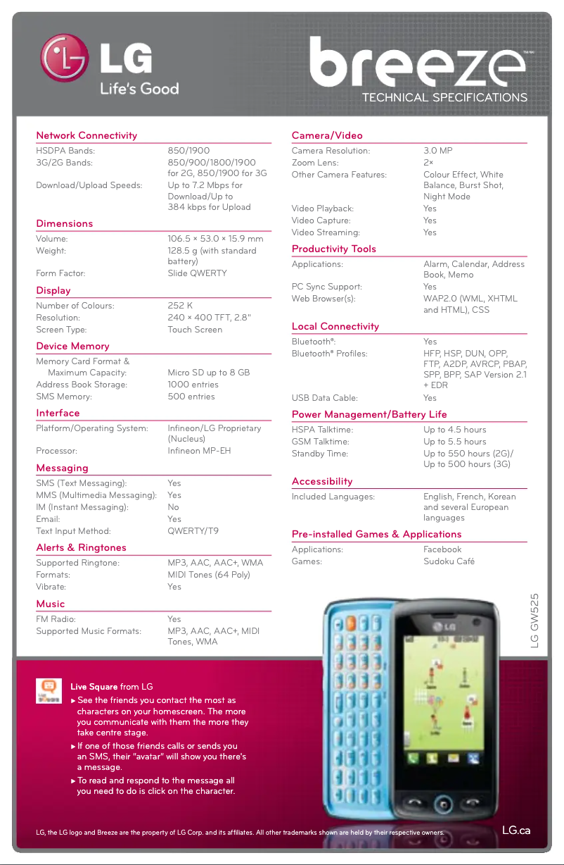 Página 1 del manual Ficha técnica LG GW525G