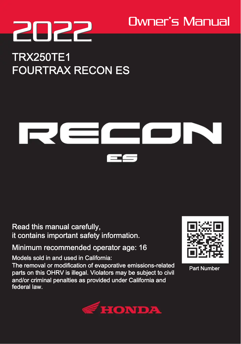 Page 1 de la notice Manuel utilisateur Honda Fourtrax Recon TRX250TM1 (2022)