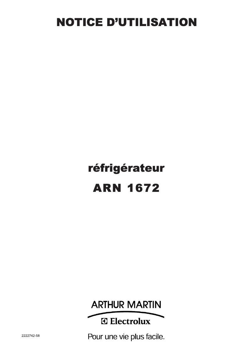 Page 1 de la notice Manuel utilisateur Arthur Martin-Electrolux ARN1672