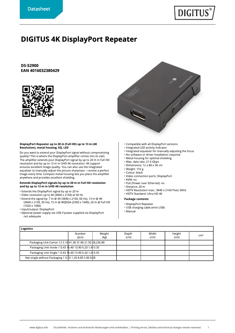 Page 1 de la notice Fiche technique Digitus DisplayPort Repeater DS-52900