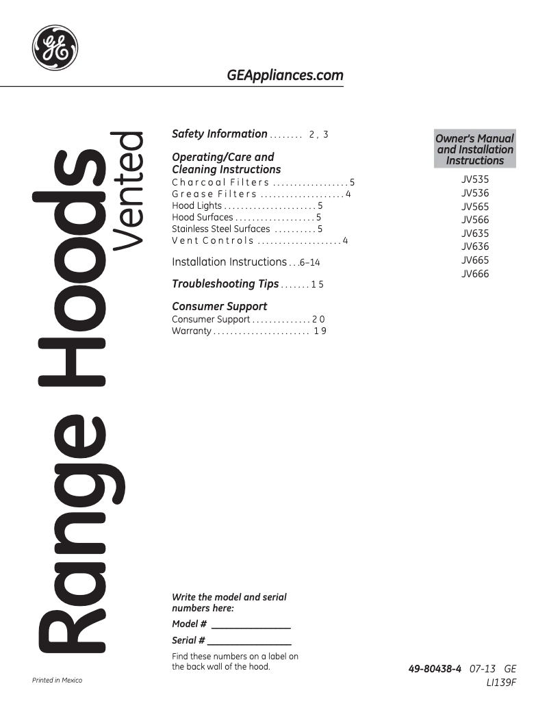 Page 1 de la notice Mode d'emploi GE JV636HSS