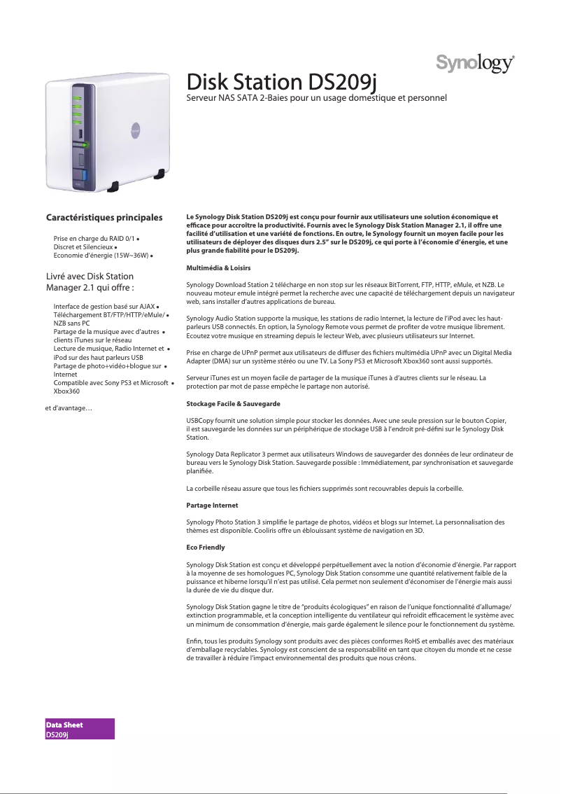 Page n°1 - Fiche technique Synology DiskStation DS209j