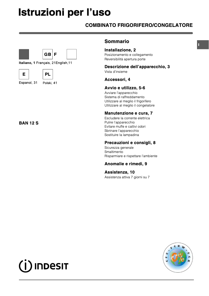 Page 1 de la notice Manuel utilisateur Indesit BAN 12 S (0)