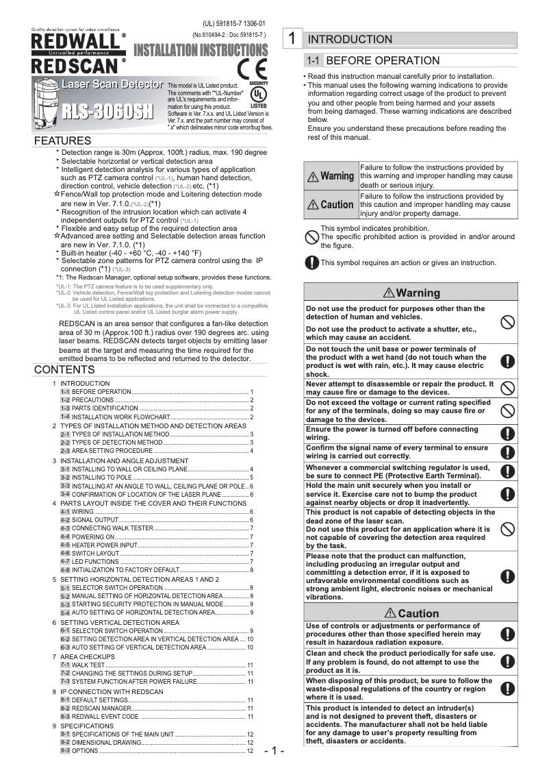Page 1 de la notice Manuel utilisateur Optex RLS-3060SH