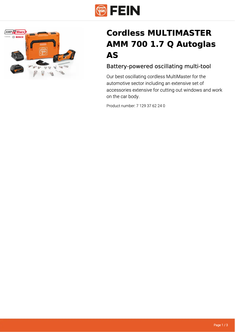 Page 1 de la notice Fiche technique Fein Multimaster AMM 700 1.7 Q Autoglas AS