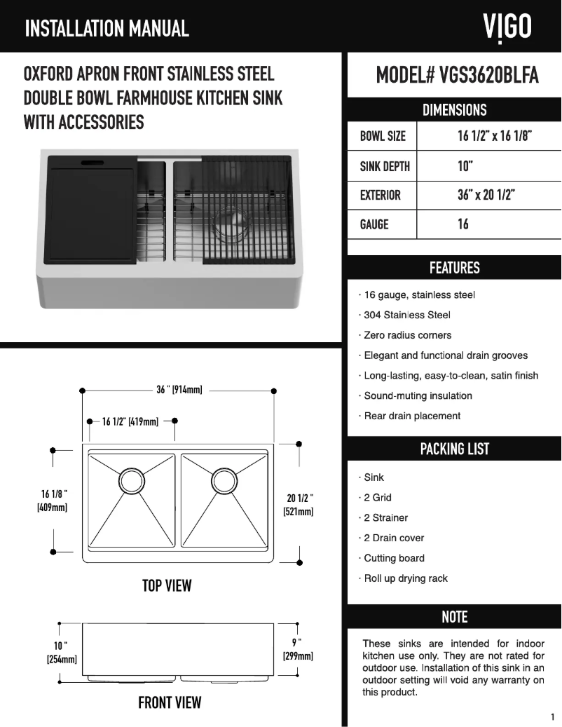 Page n°1 - Manuel utilisateur Vigo Oxford VGS3620BLFA