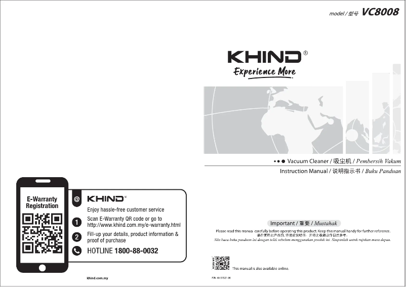 Page 1 de la notice Manuel utilisateur Khind VC8008