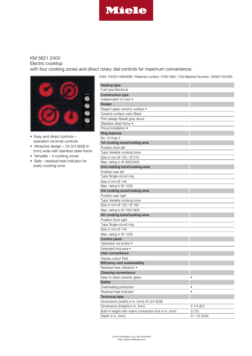 Page 1 de la notice Fiche technique Miele KM 5621 240V
