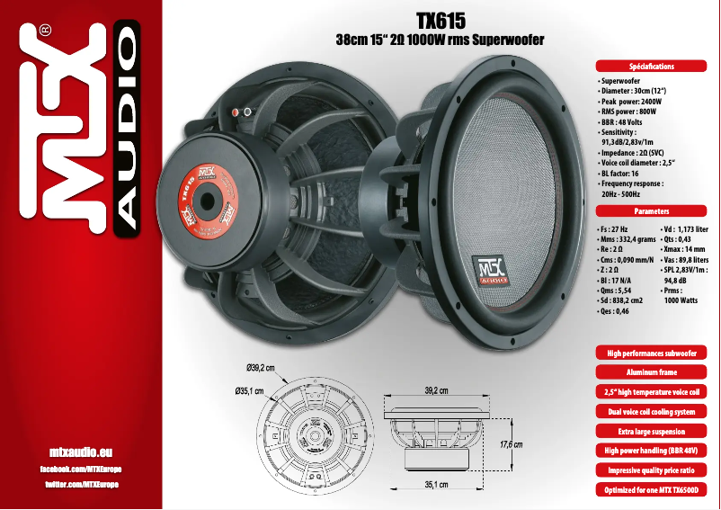 Page 1 de la notice Fiche technique MTX Audio TX615