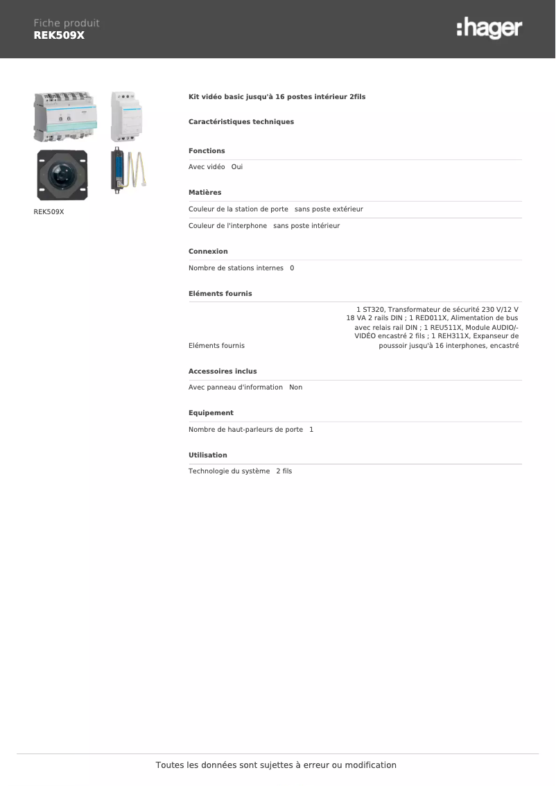 Page 1 de la notice Fiche technique Hager REK509X