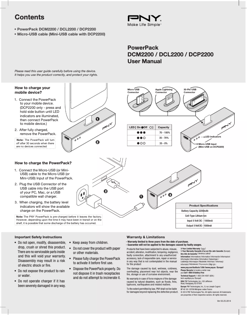 Page 1 de la notice Manuel utilisateur PNY PowerPack DCM2200