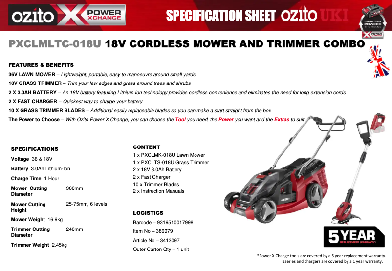 Page 1 de la notice Fiche technique Ozito PXCLMLTC-418U
