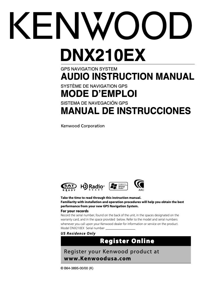 Page 1 de la notice Manuel utilisateur Kenwood DNX210EX