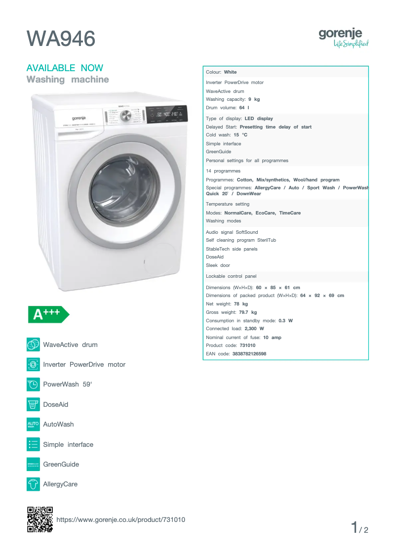 Página 1 del manual Ficha técnica Gorenje WA946