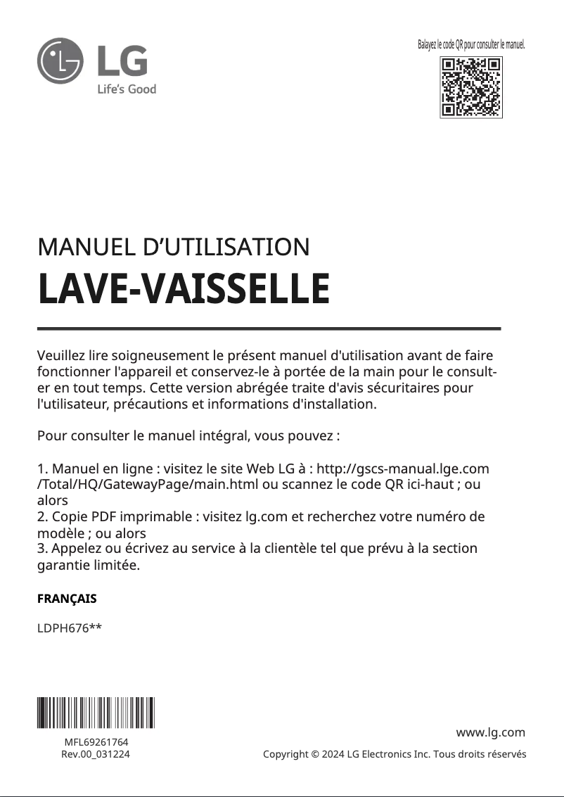 Page 1 de la notice Manuel utilisateur LG LDPH6762S