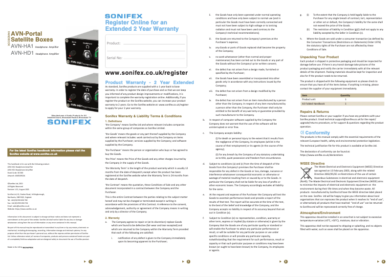 Page n°1 - Manuel utilisateur Sonifex AVN-HD1