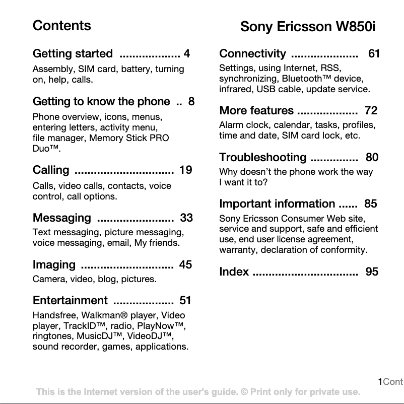 Page 1 de la notice Manuel utilisateur Sony Ericsson W850i