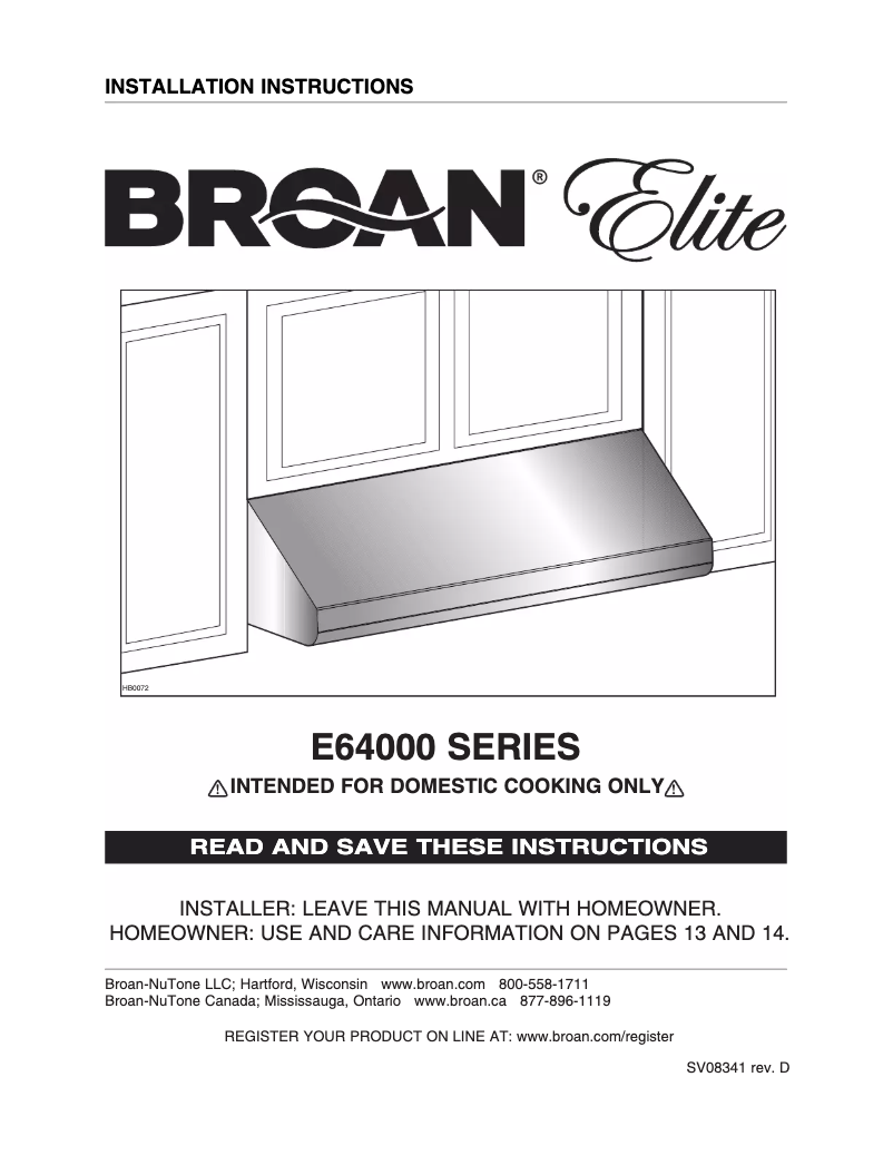 Page 1 de la notice Guide d'installation Broan E6436SS