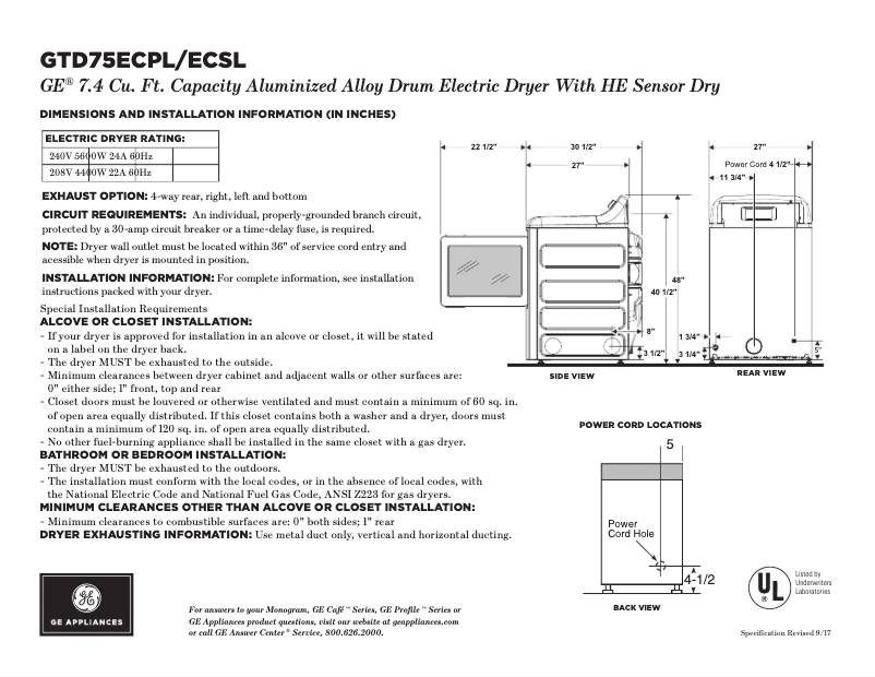 Page n°1 - Fiche technique GE GTD75ECSLWS