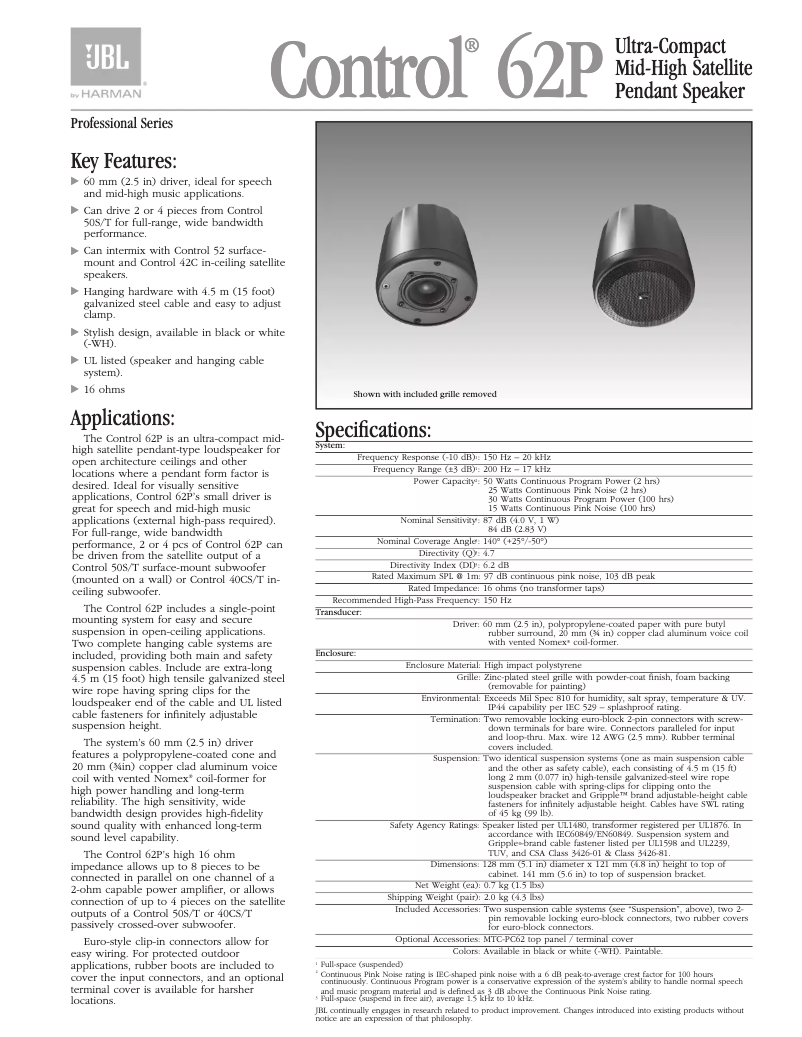 Page n°1 - Manuel utilisateur JBL Control 62P