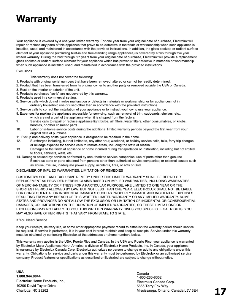 Page n°1 - Informations de garantie Frigidaire FHWC3040MS