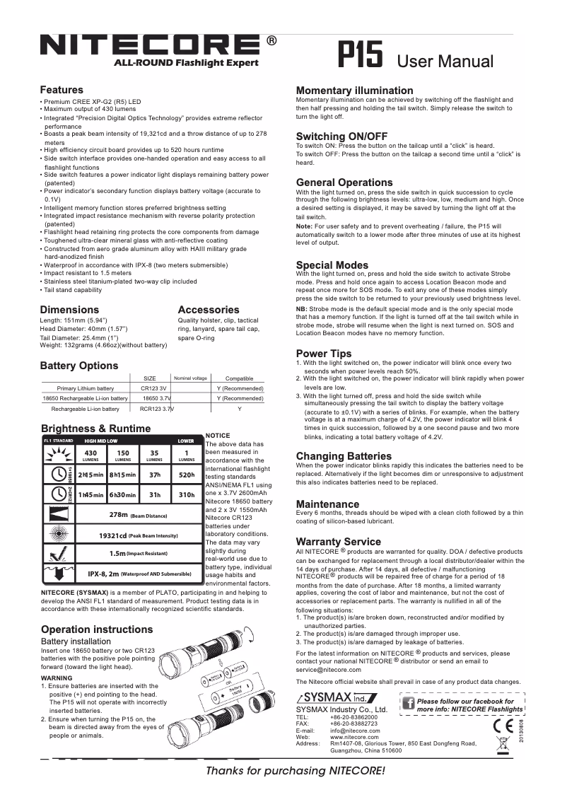 Page 1 de la notice Manuel utilisateur Nitecore P15