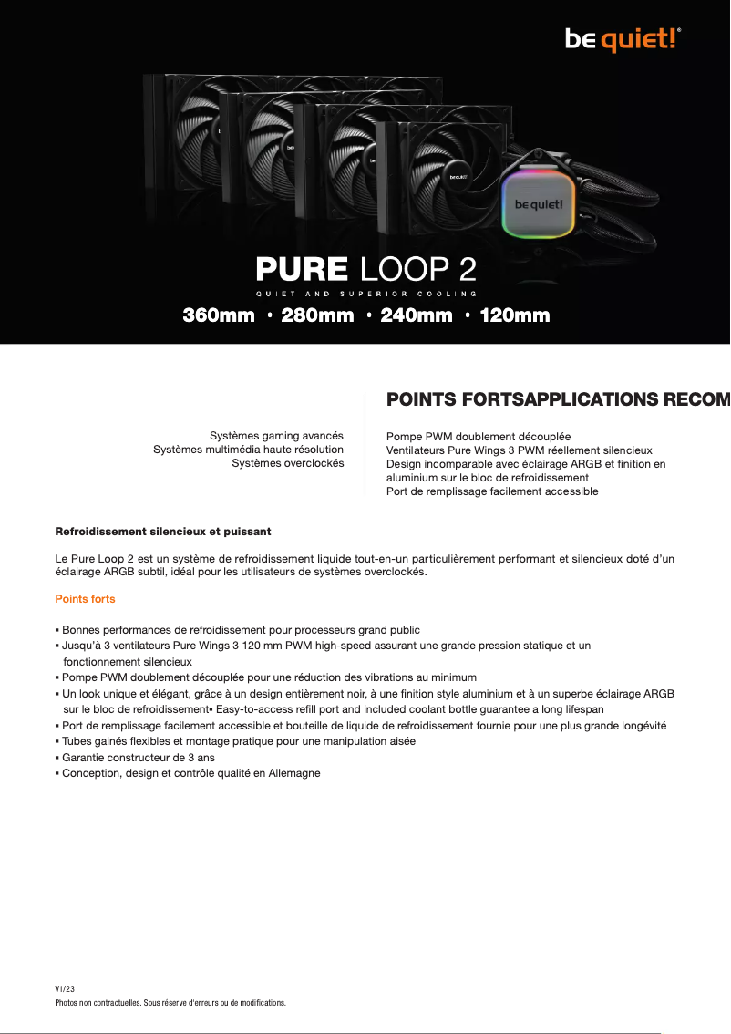 Page 1 de la notice Fiche technique Be Quiet! Pure Loop 2