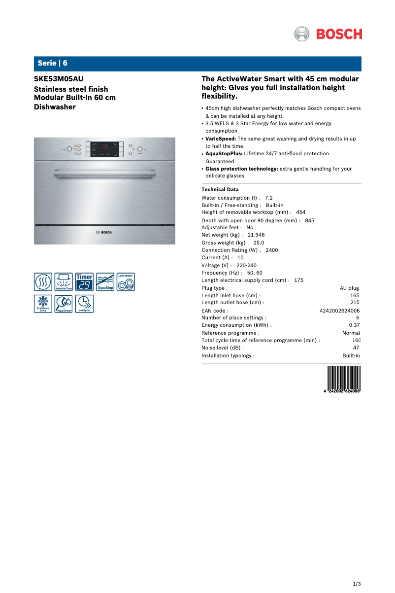 Página 1 del manual Ficha técnica Bosch SKE53M05AU