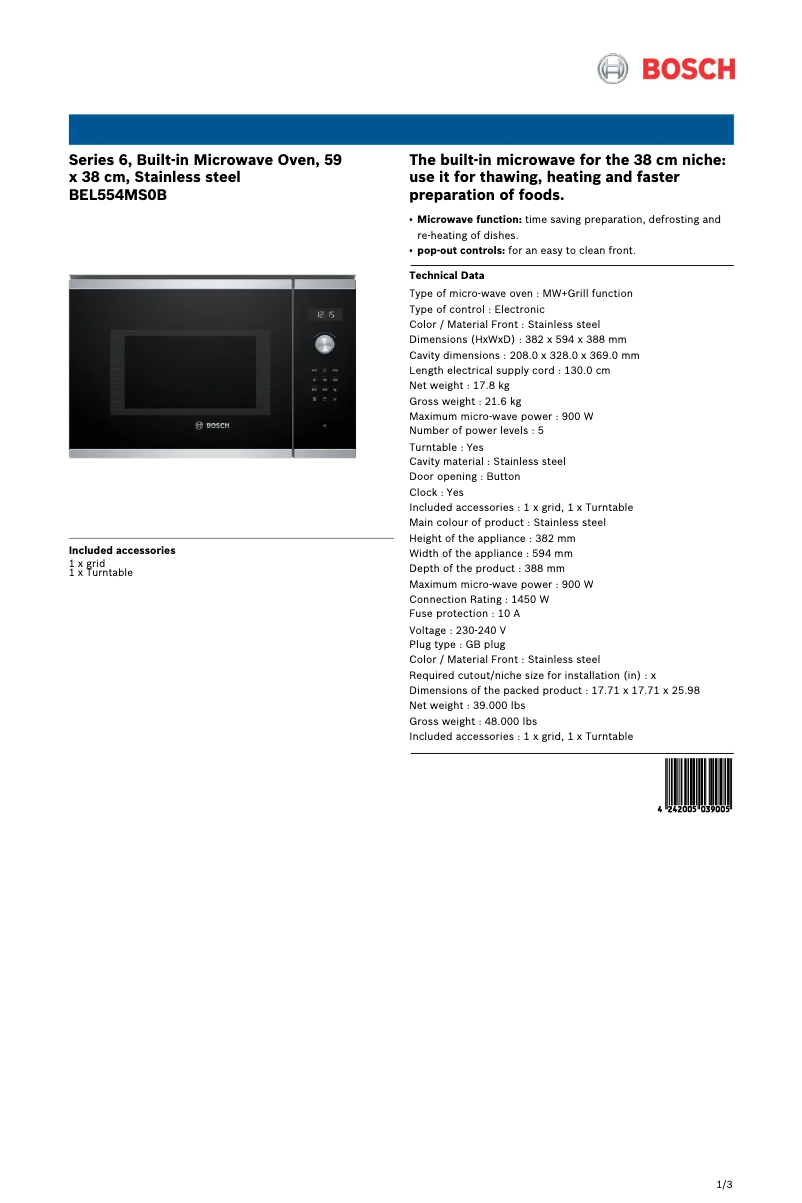 Page 1 de la notice Fiche technique Bosch BEL554MS0B