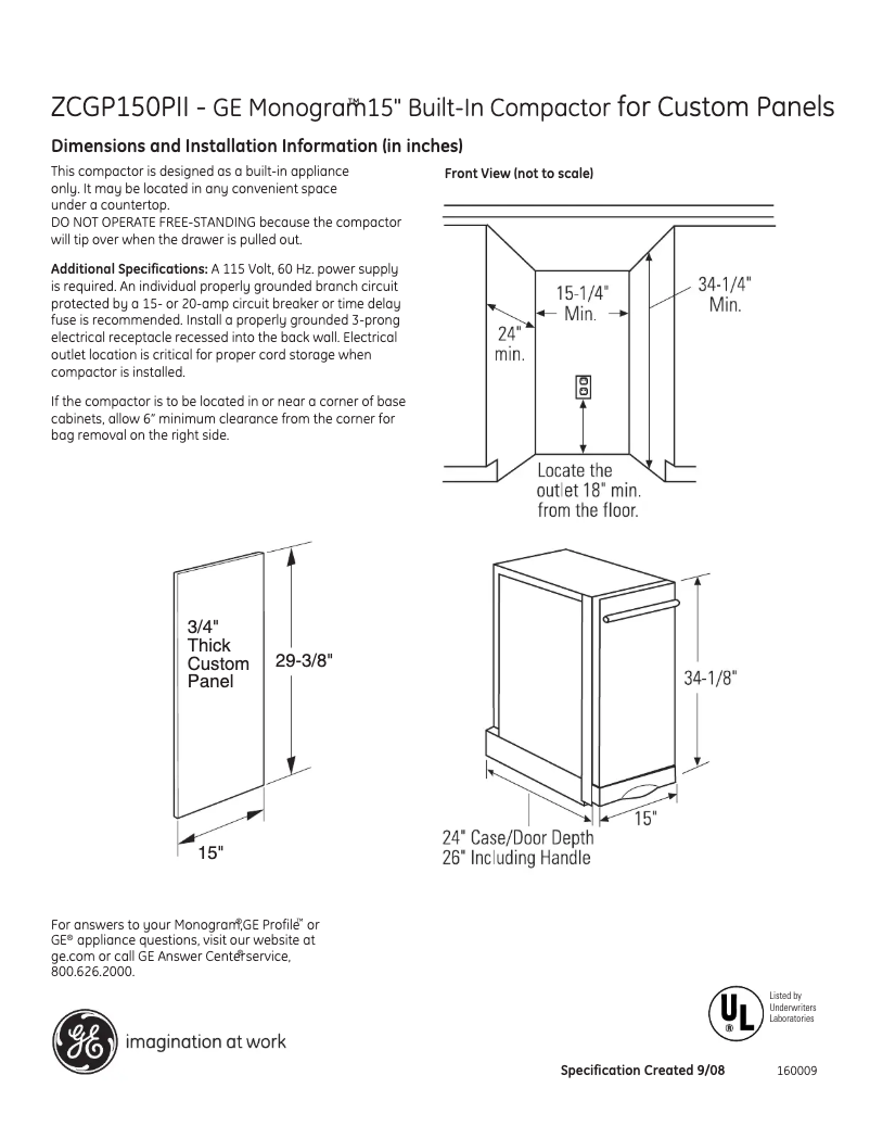 Page 1 de la notice Fiche technique GE ZCGP150PII