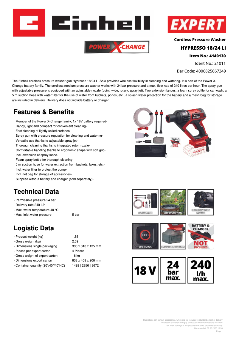 Page n°1 - Fiche technique Einhell HYPRESSO 18/24 Li