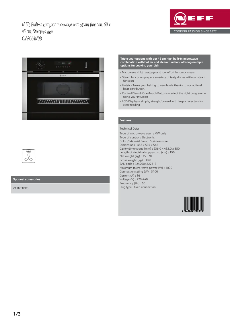 Page 1 de la notice Fiche technique Neff C1APG64N0B