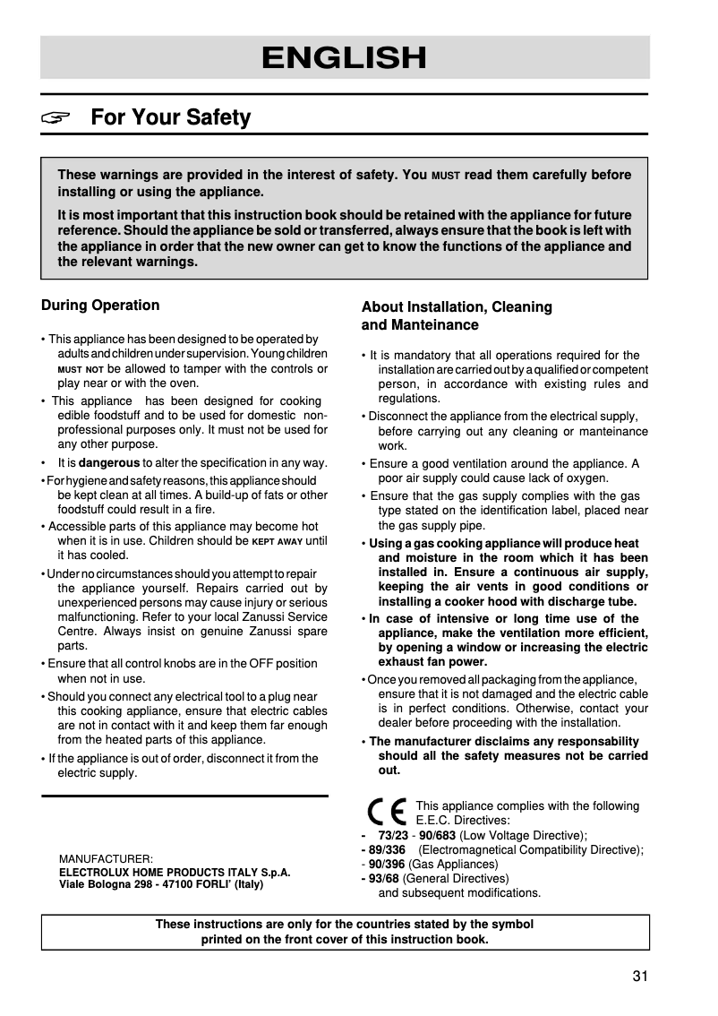 Page 1 de la notice Manuel utilisateur Zanussi ZAF20GX