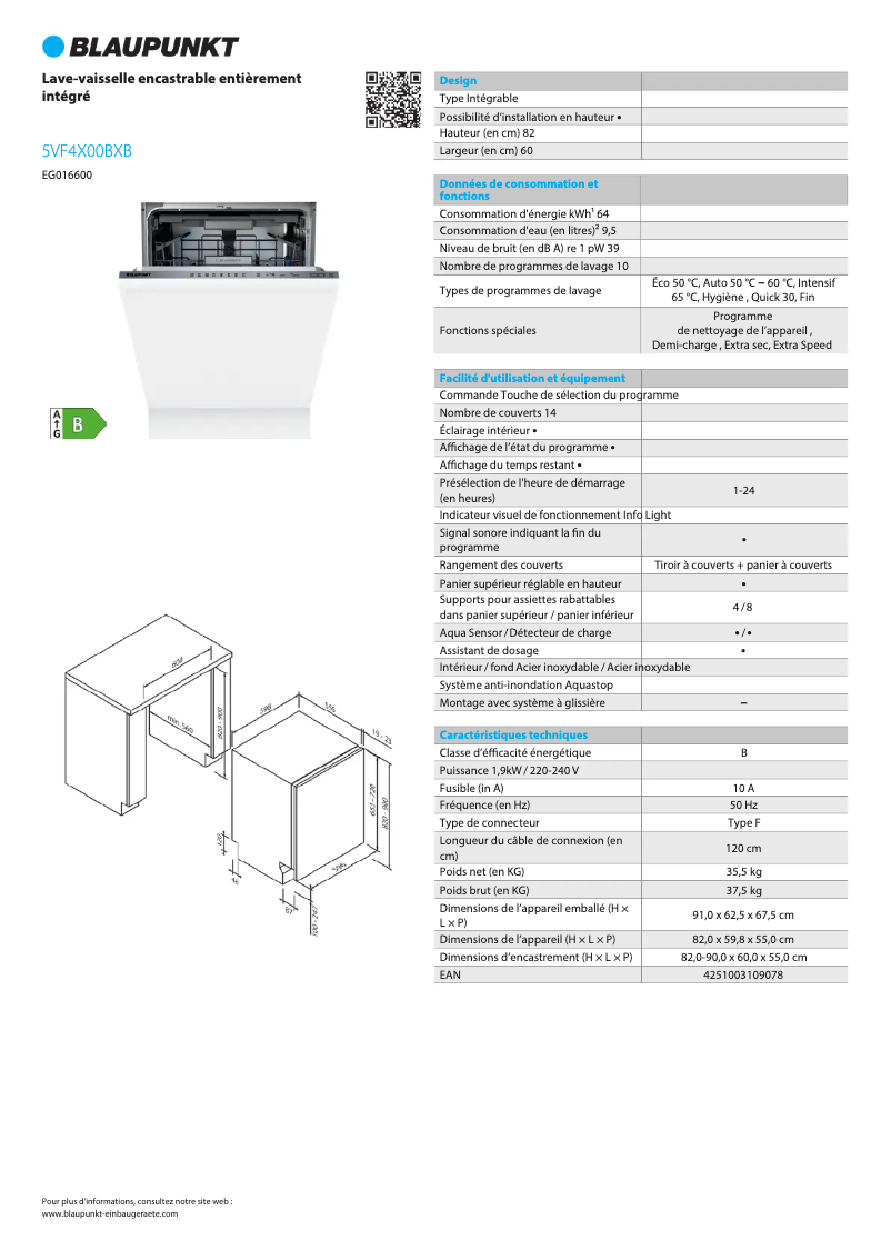 Page 1 de la notice Fiche technique Blaupunkt 5VF4X00BXB