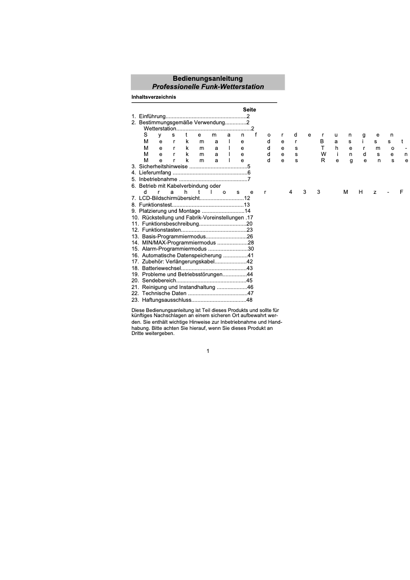 Page 1 de la notice Manuel utilisateur Techno Line WS 2307