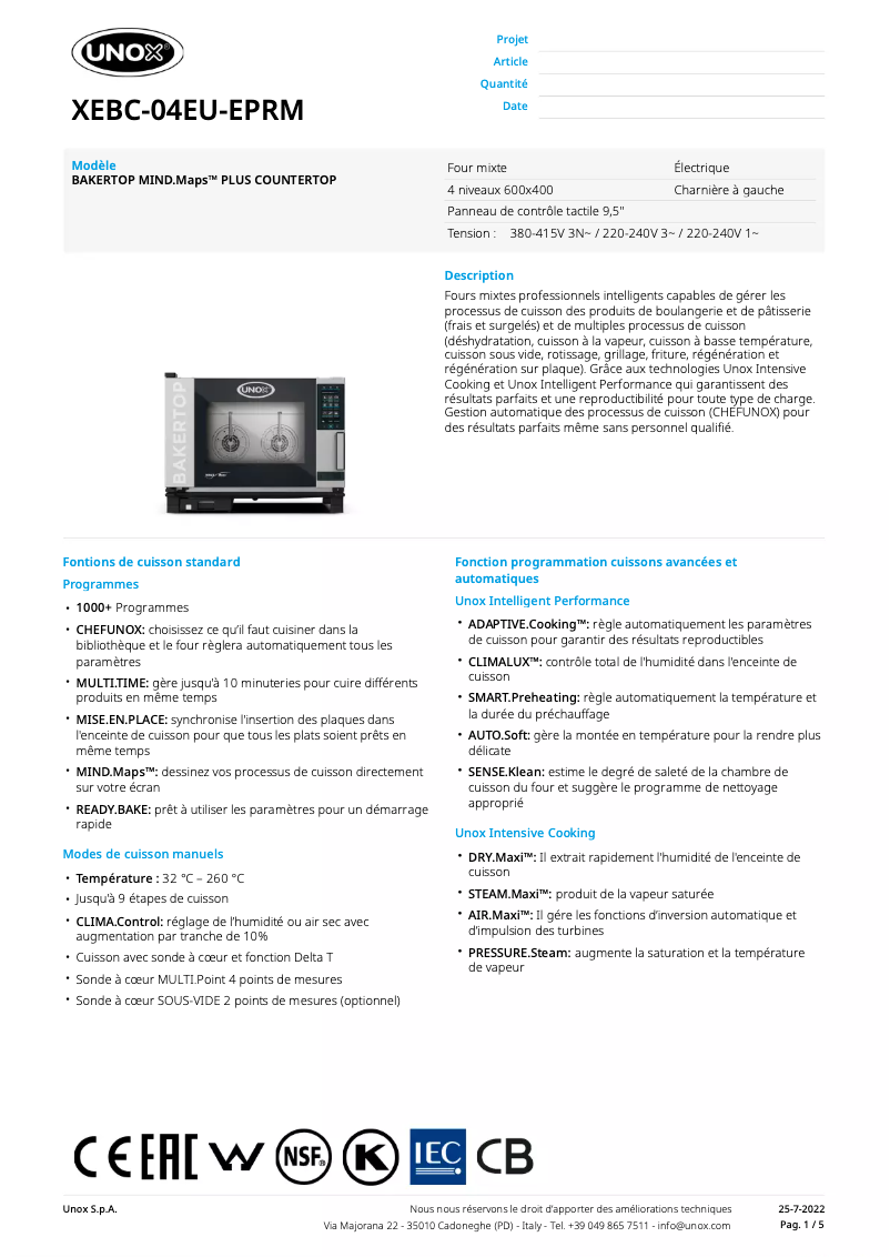 Página 1 del manual Ficha técnica Unox BAKERTOP MIND.Maps PLUS