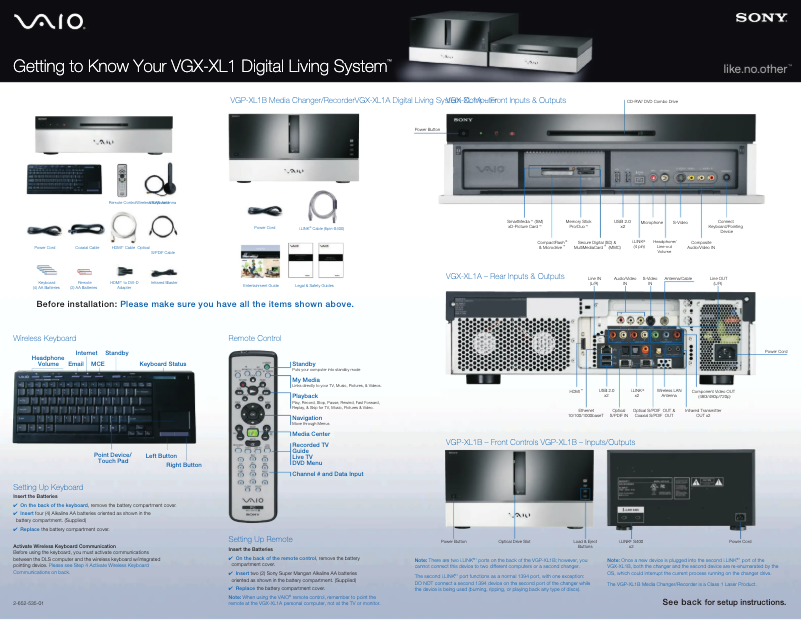 Page n°1 - Guide d'installation Sony Vaio VGX-XL1
