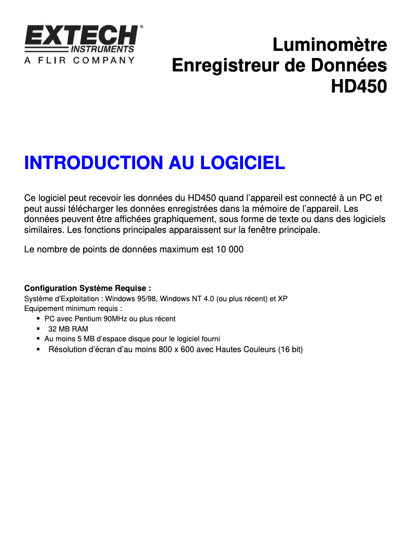 Page 1 de la notice Manuel utilisateur Extech HD450