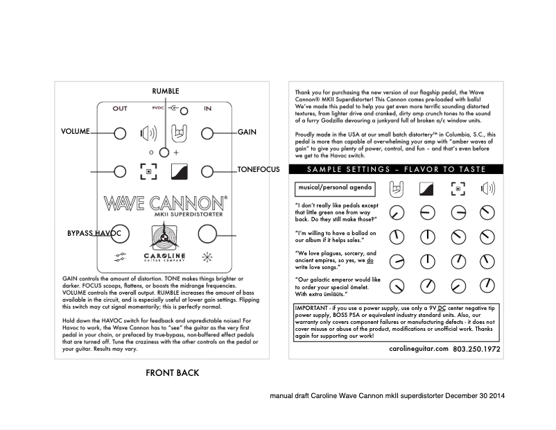 Page n°1 - Manuel utilisateur Caroline Wave Cannon
