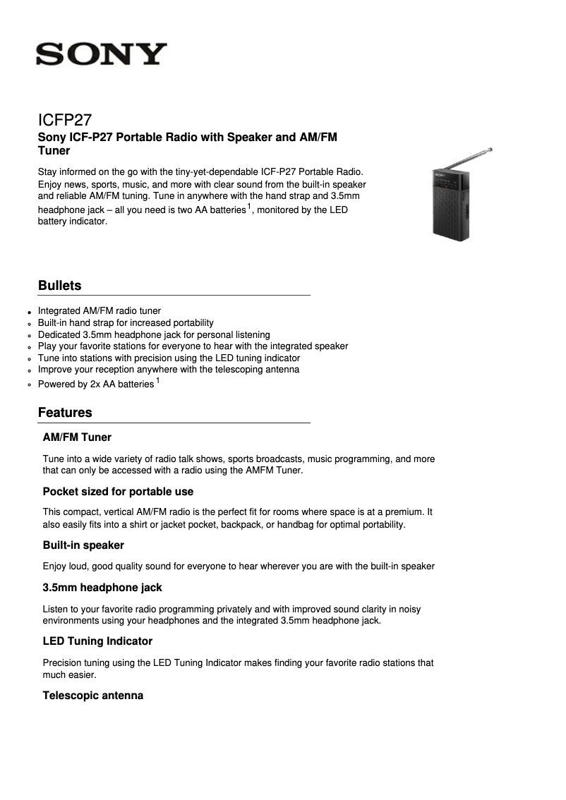 Página 1 del manual Ficha técnica Sony ICF-P27