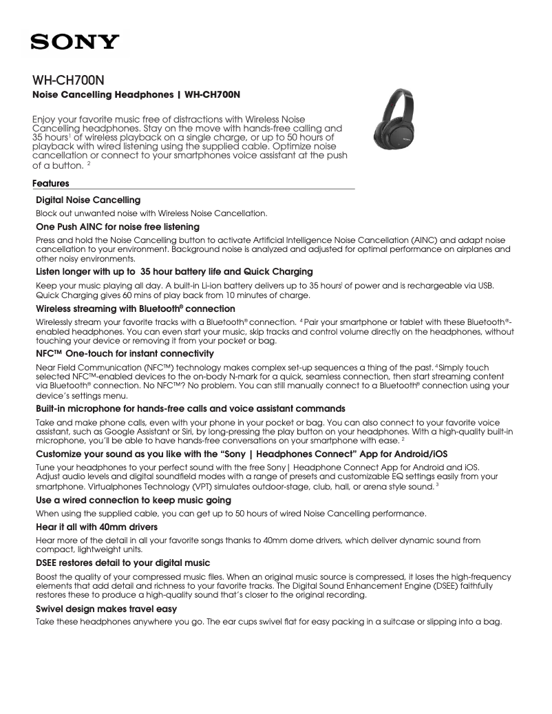 Image de la première page du manuel de l'appareil WH-CH700N