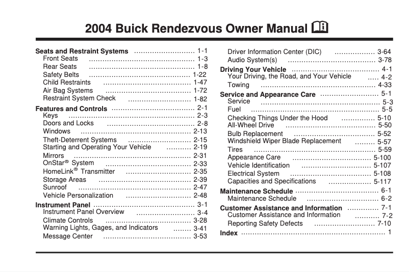 Page 1 de la notice Manuel utilisateur Buick Rendezvous (2004)