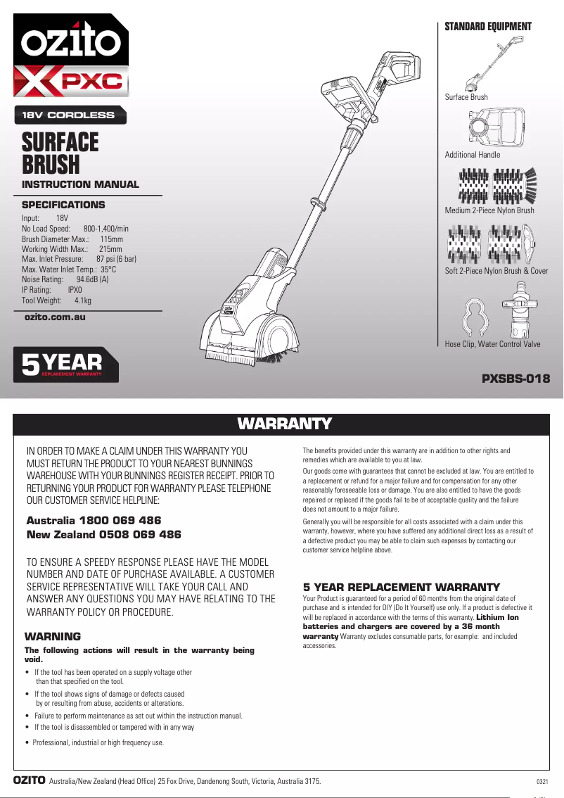 Page 1 de la notice Manuel utilisateur Ozito PXSBK-418