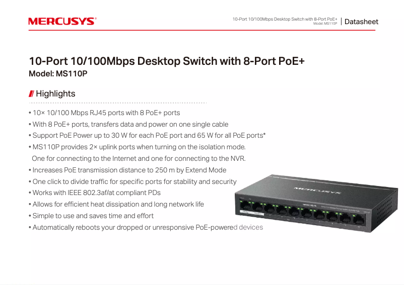 Página 1 del manual Ficha técnica Mercusys MS110P