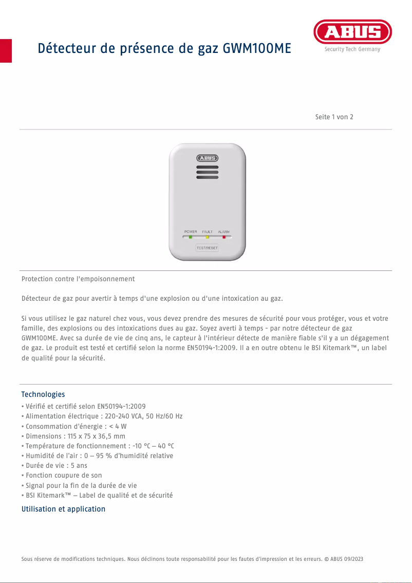 Page n°1 - Fiche technique Abus GWM100ME