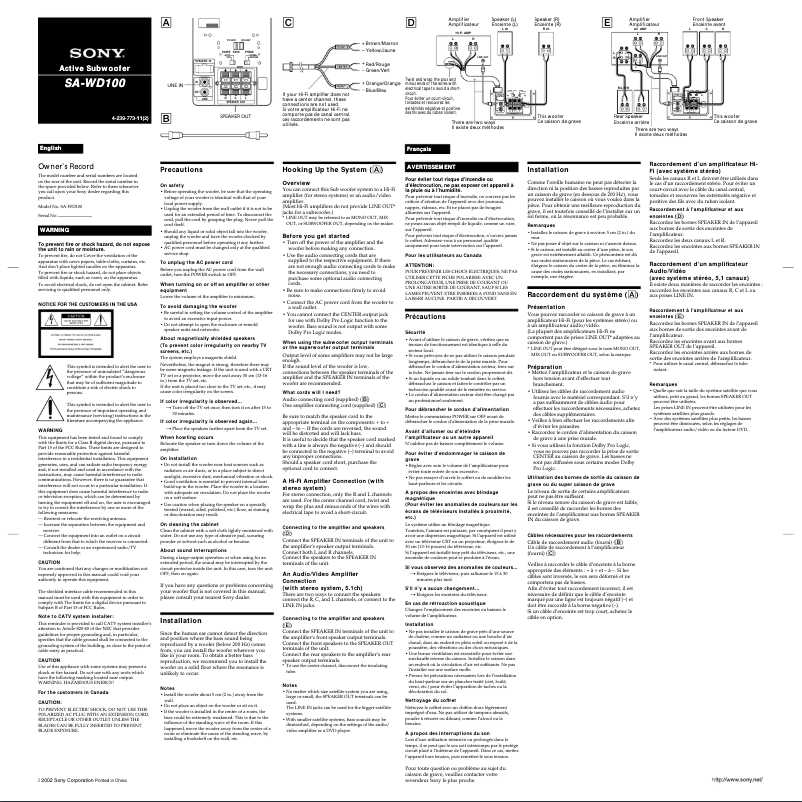 Page 1 de la notice Manuel utilisateur Sony SA-WD100