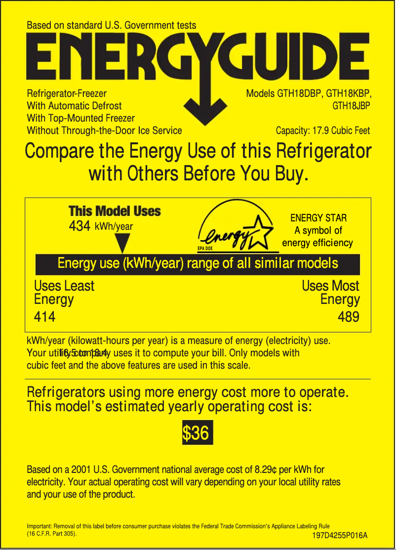 Página 1 del manual Etiqueta energética GE GTH18DBPRCC