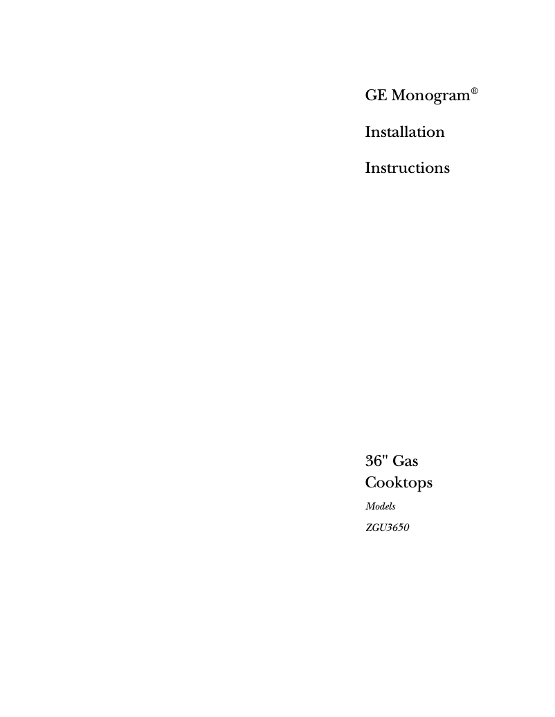 Page n°1 - Guide d'installation GE ZGU3650BBBG
