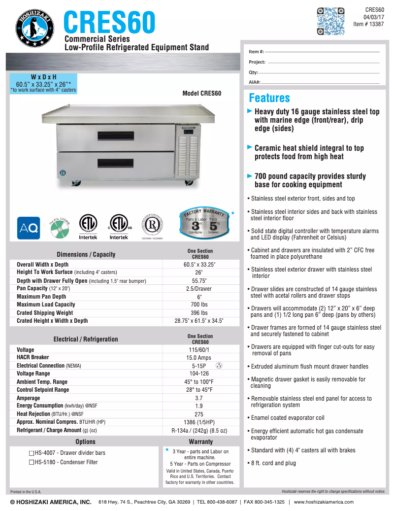 Page n°1 - Fiche technique Hoshizaki Commercial CRES60